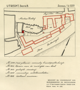 39967 Plattegrond van de Nicolaikerk en omgeving te Utrecht met aanduiding van het te slopen brandspuitenhuisje tegen ...